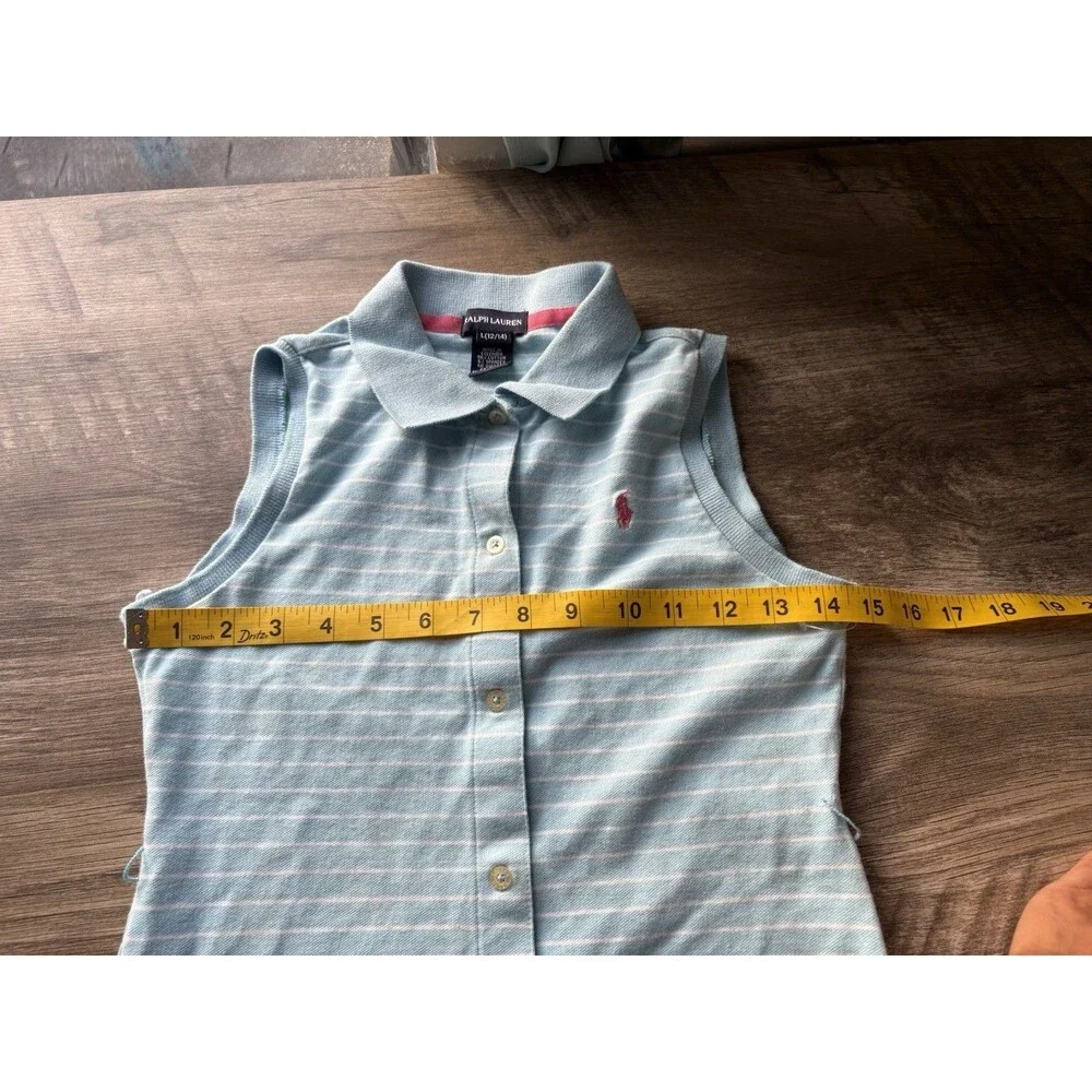 Ralph Lauren Vintage Girls Light Blue & White Stripped Collared Sleeveless Dress